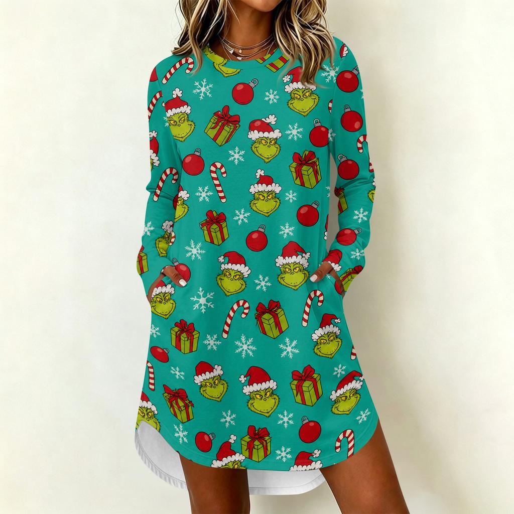 Women's Casual Long Sleeve Neck Dress with Christmas Print for Holiday Party