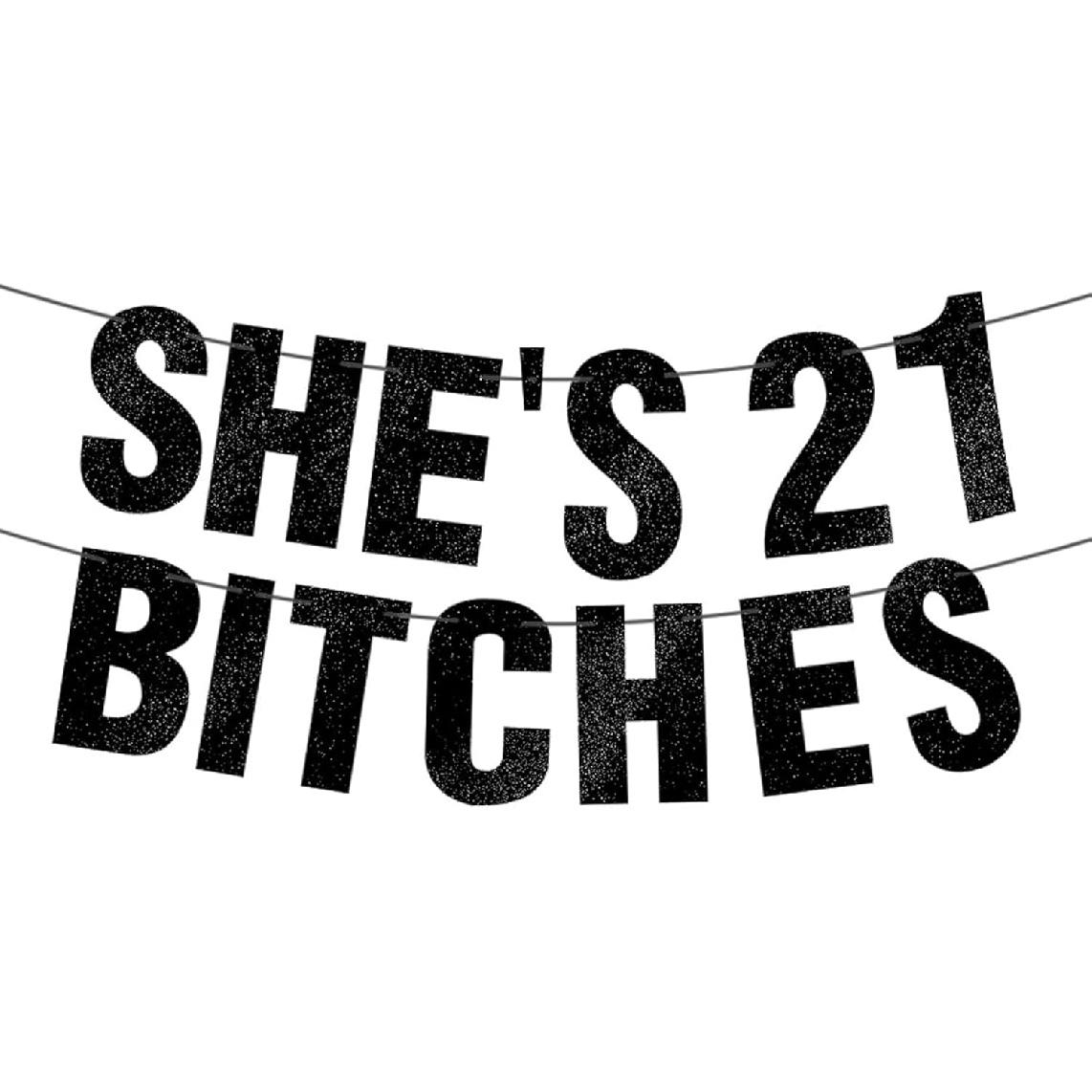 Pre-Strung She s 21st B Banner - Black Glitter, 21st Birthday Decorations for Her, Funny 21 Year Old Party Sign, 21 Bday Gifts for Women