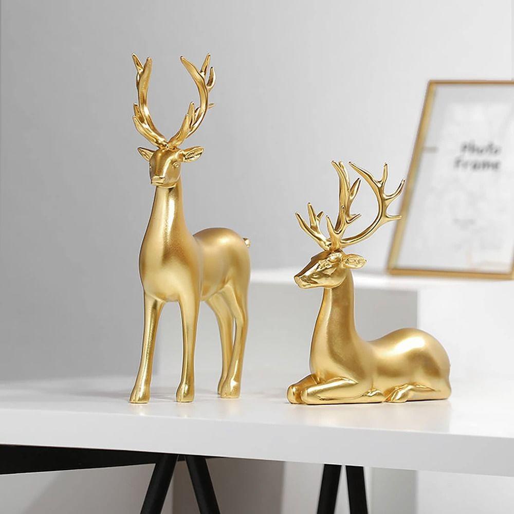 2PCS Resin Christmas Reindeer Figurines Miniature Figurine Sitting Standing Deer Elk Sculpture Home Decoration Ornament