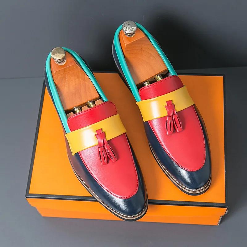 Fashion Fashion Mixed-Colors Leather Shoes Men Pointed-Toe Elegant Dress Shoes Man Luxury Tassels Wedding Shoes for Men zapatos hombre