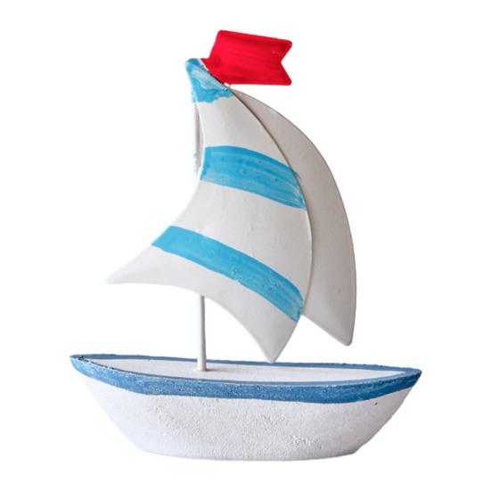 Sailboat Ornament, Wooden Iron Desktop Figure, Small Nautical Tabletop Decoration, Blue White Striped Lifebuoy Starfish Marine Style Ornament