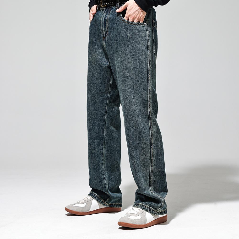 American minimalist floor pants retro blue jeans men's loose straight non-elastic casual ruffian handsome wide-leg trousers