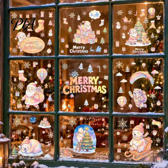 Winter Wonderland Ornaments 9Pcs Christmas Window Clings, Macaron Static Stickers, Glue Free Glass Stickers with PVC Decoration Sheets Santa Claus and