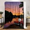 "Cartoon Bears On Red Car At Sunset" Patterned Flannel Blanket Perfect for the Bedroom Living Room, Sofa, or a Little Nap
