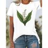 European Size Women's Pure T-Shirt with Lily of the Valley Botanical Print-Round Neck Top,White Lily of the Valley Flowers&Green Leaves On Black