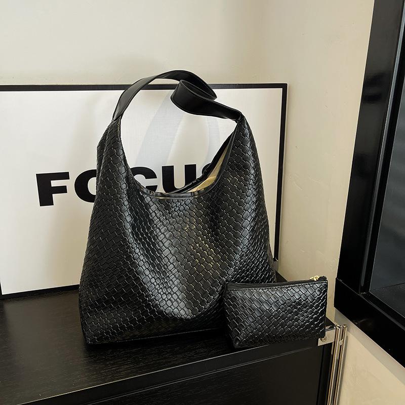 Large Capacity Vintage Woven Tote Bag with Detachable Mini Purse Set Faux Leather Shoulder Handbag for Women