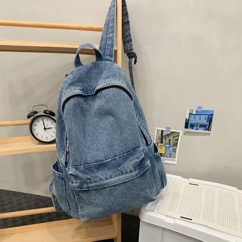 Large Capacity Denim Solid Color Student Backpack High Value Men and Women's Same New Casual Backpack
