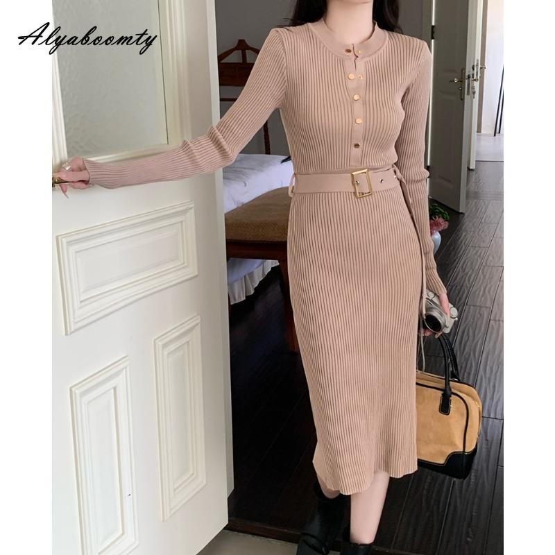 Autumn Winter Women Basic A-Line Sweater Dress O Neck Grey Black Blue Knitting Dress Knitted Bodycon Elegant Feminine Split Dress With Belt