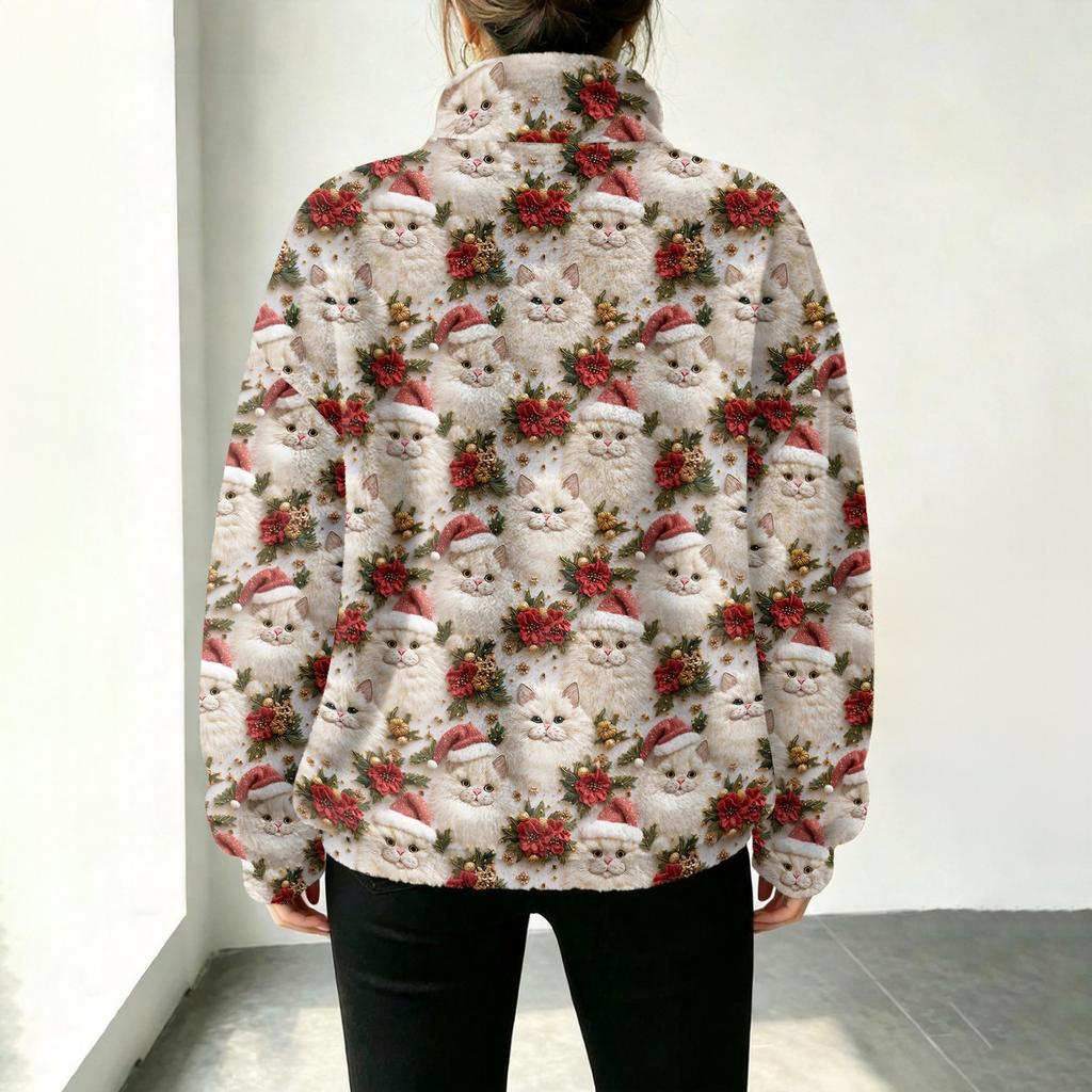 Damen Weihnachtsdruck Halb-Reißverschluss Pullover Langarm Lässiges Oberteil für Feiertage Winter
