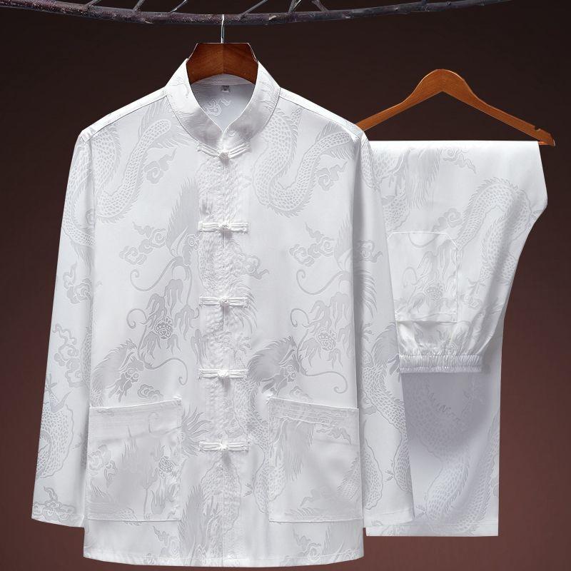 Terno Tang de Seda Gelo para Primavera e Verão Masculino de Manga Comprida Camisa de Seda Terno para Exercício Matinal Hanfu