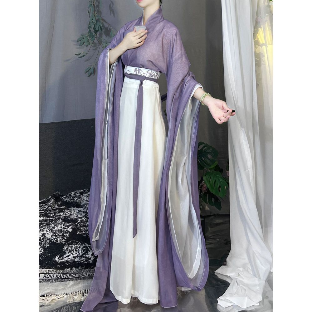 Denní dámský oblek čínské dynastie Wei a Jin ve stylu Hanfu s potiskem