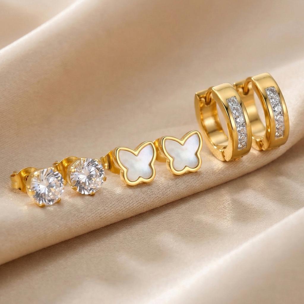 Earrings Set Gold Plated Stainless Steel Black Flower Studs CZ Hoop Earrings for Women Multiple Piercing Jewelry