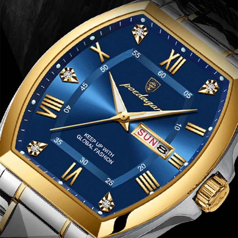 POEDAGAR Stainless Steel Watch Men Luxury Brand Business Luminous Waterproof Male Clock Tonneau Case Calendar Men Quartz Wristwatches