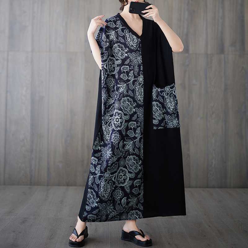 Cotton and Linen Retro Slimming Short Sleeved Color Blocked Dress for Women