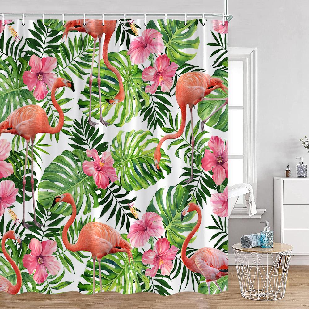 Flamingo Pink Birds Shower Curtains Tropical Palm Leaves Plants Jungle Nordic Bath Curtain Summer Vacation Fabric Bathroom Decor