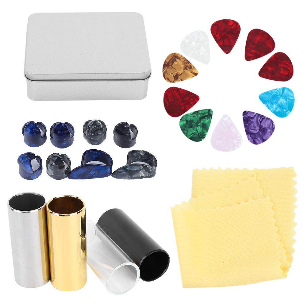 

Guitar Accessories Kit 10 Celluloid Pick 4 Guitar Slider 8 Finger Cot with Iron Box