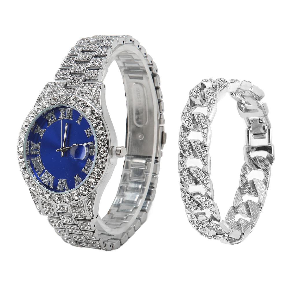 Silver Watch Large Blue Watch Dial Quartz Shiny Watch With Silver Bracelet Calendar