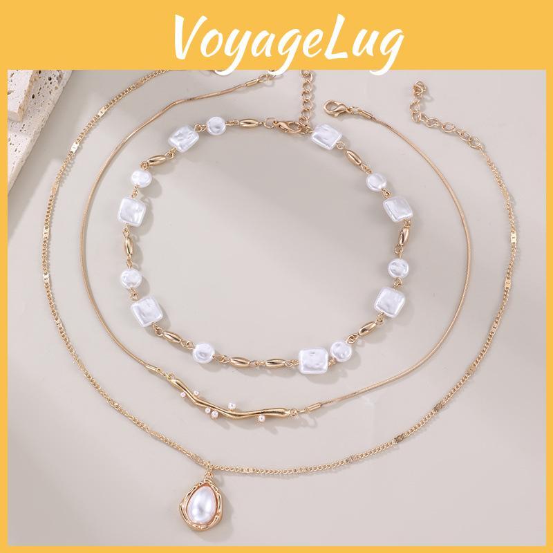 Geometric Artificial Pearl Pendant Necklace For Women With Multilayer Chain Summer Style