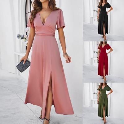 Women's Casual Long Formal Dresses Evening Gowns Solid Color Split Elegant V-Neck A-Line Short Sleeve Wedding Dresses Guest Gowns