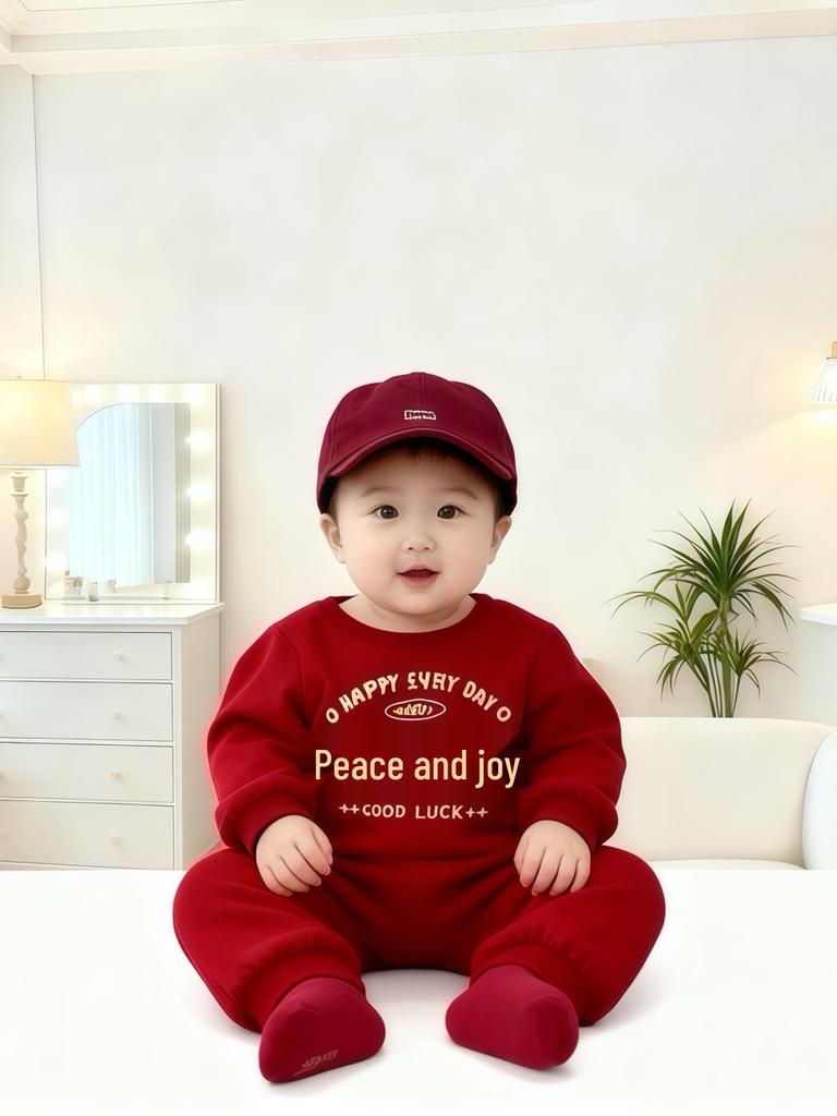 Peace & Joy New Year Family Outfits: Red Sweatshirt & Romper Set for Three or Four, Autumn/Winter 2026.