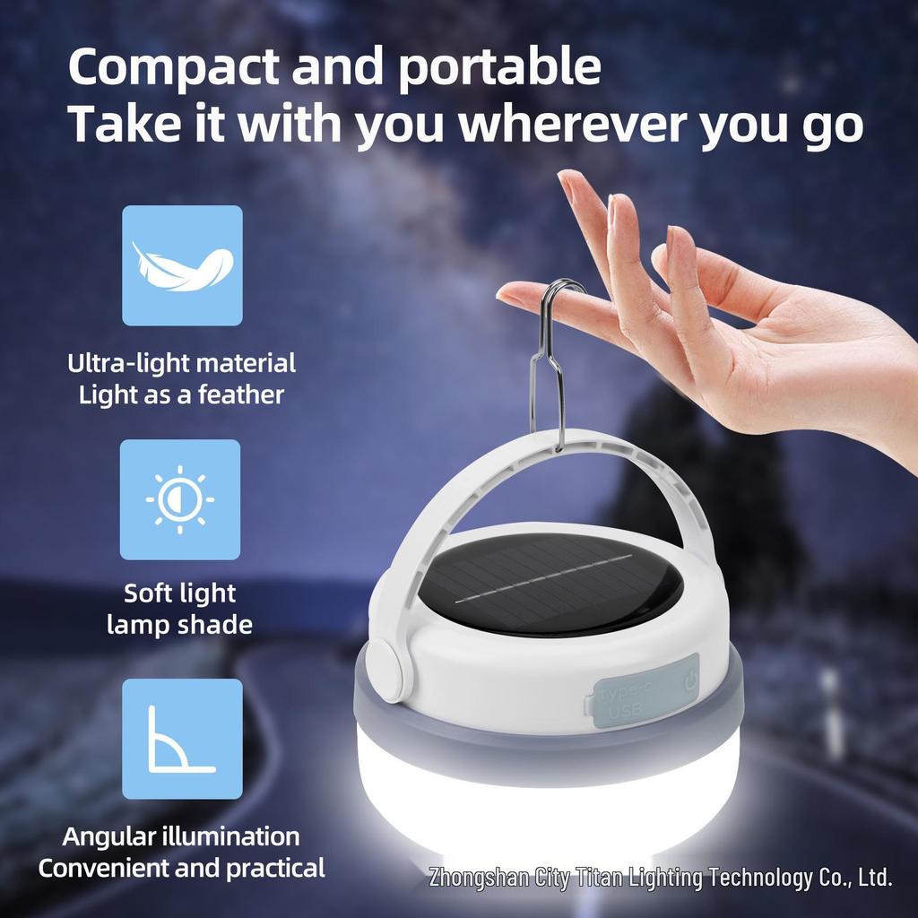 Super Bright Solar Camping Lantern - Emergency Light, Dimmable, Rechargeable, and Portable for Outdoor Use