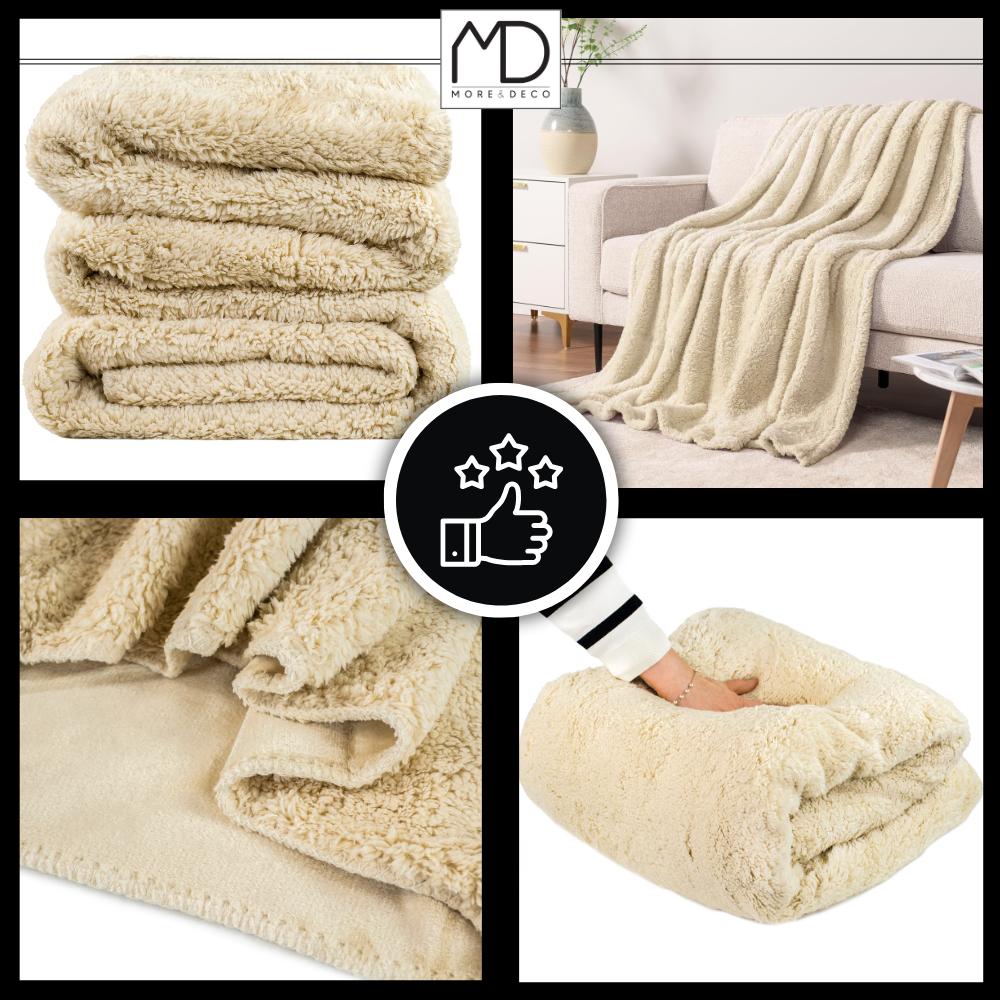 Koc dwustronny 200x220 cm pled 2w1 pluszowy 420g/m² narzuta na łóżko beżowy MORE&DECO