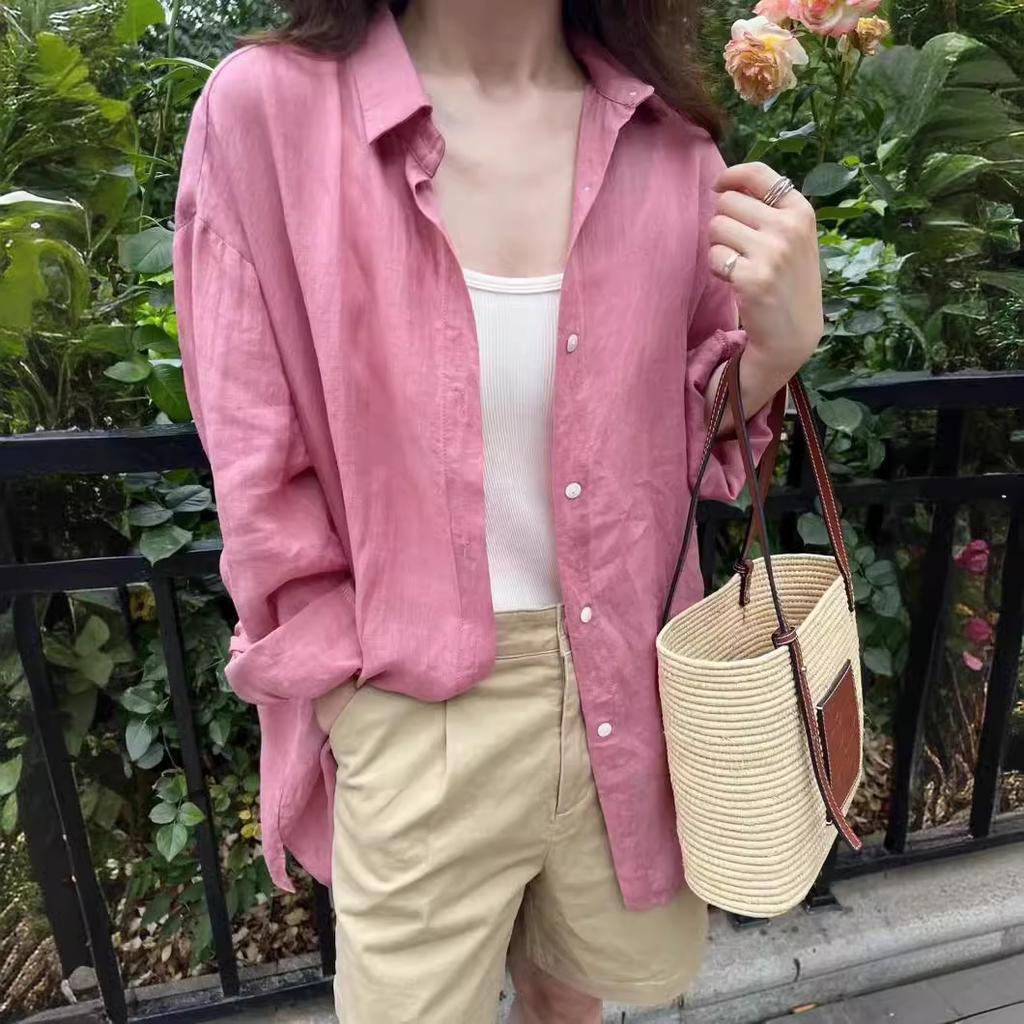 French slack shirt, thin ramie loose sunscreen shirt nice blue shirt cotton and linen women