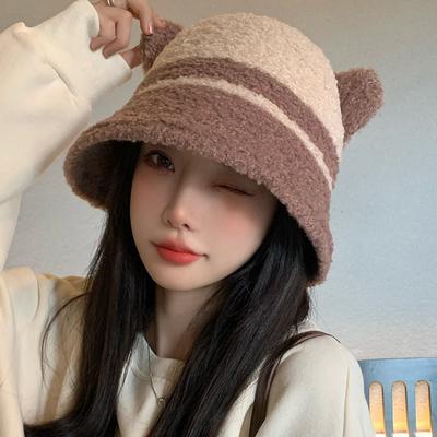 Autumn Winter Fisherman Hat Cute Little Bear Ear Hat Thick Lamb Fur Warm Basin Hats