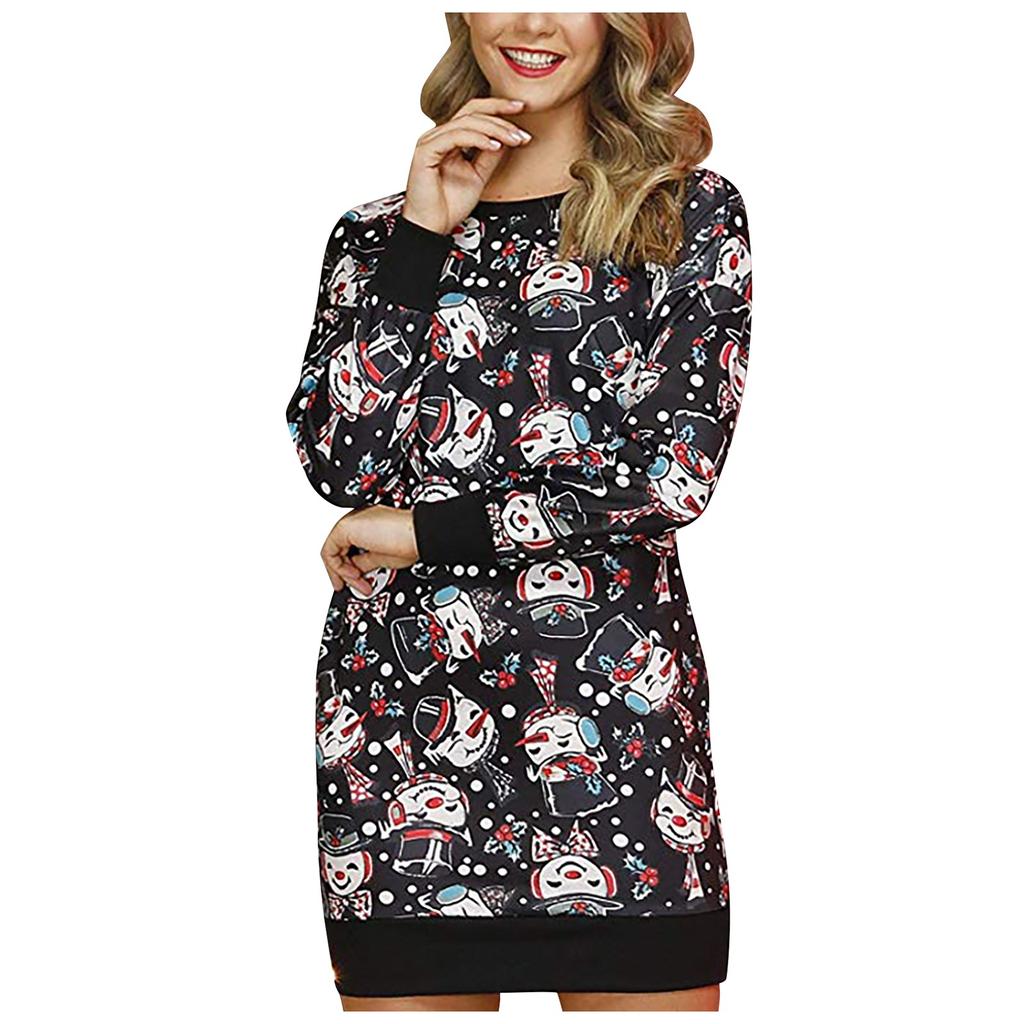 Kvinners Mote Julemann Trykt Snømann Lyslenke Langermet Kjole