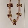American Vintage Niche Design Pearl Neck Chain Leopard Print Bow Double Necklace Choker Women's Collarbone Chain