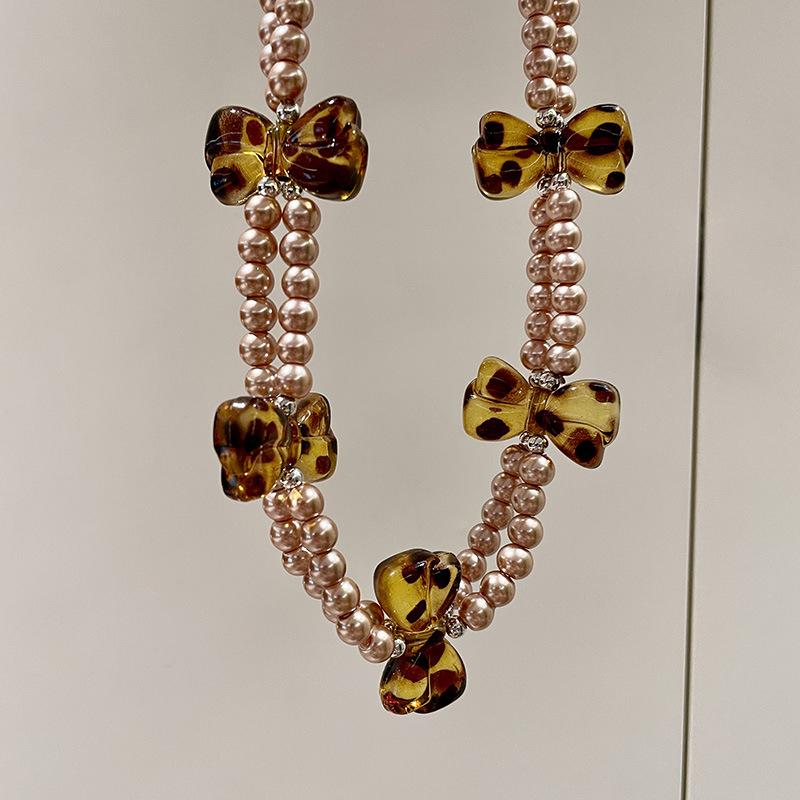 American Vintage Niche Design Pearl Neck Chain Leopard Print Bow Double Necklace Choker Women's Collarbone Chain