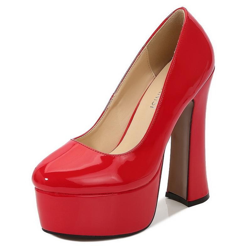 Kadın Rugan Yüksek topuklu ayakkabılar Bayan Su Geçirmez Platform Yüksek Topuklu Kadın Yuvarlak Ayak Kalın Topuk Tek Ayakkabı Kadın Ofis iş ayakkabısı OL Ayakkabı