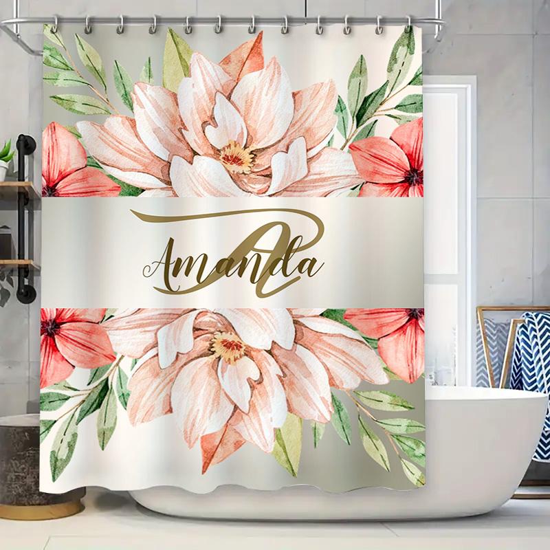 Watercolor Floral Personalized Name Bath Shower Curtain Set Decor 90x180cm