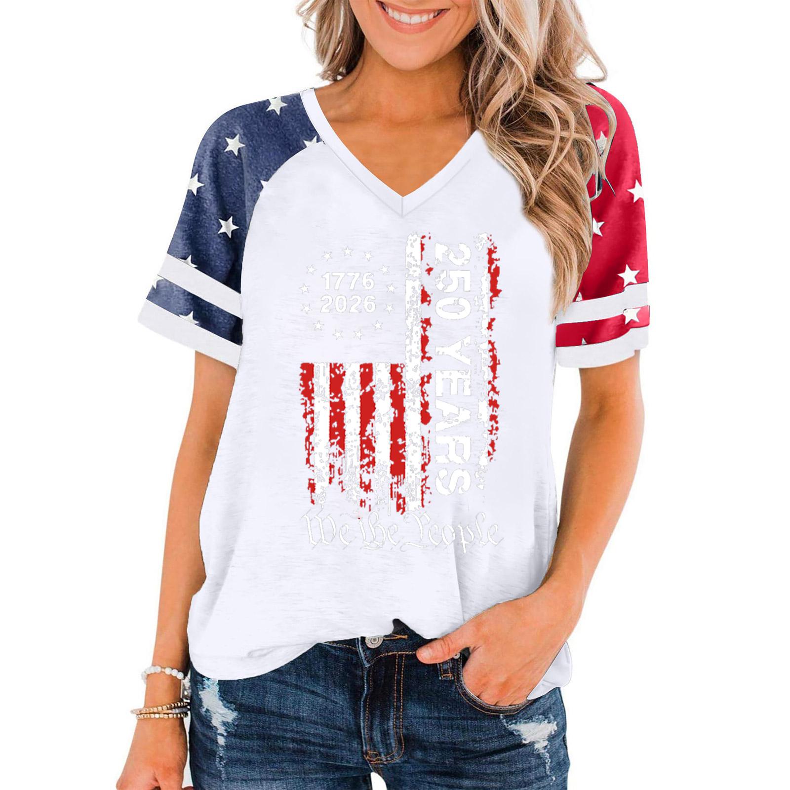 

Women s Casual V Neck Pullover Short Sleeve T Shirt 250 Years of Freedom Graphic Print Independence Day Top S білий