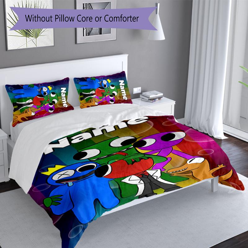 3pcs Custom Name Rainbow Friends Bedding Set,Includes 1 Duvet Cover and 2 Pillowcases,All-season Bedroom Decor