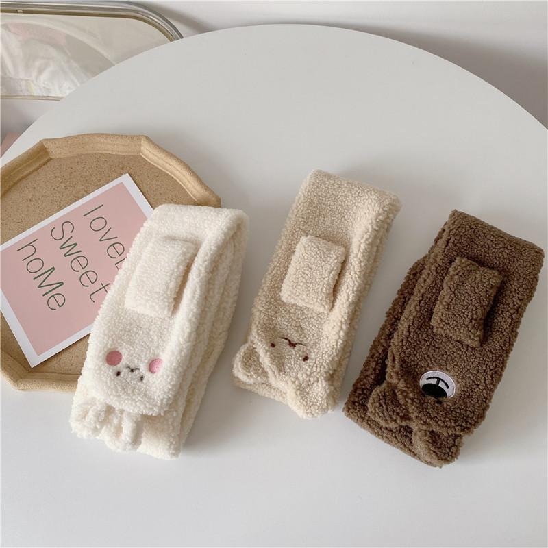 Children's winter warm gloves baby cross windproof scarf lamb wool cute cartoon kit plush thickened