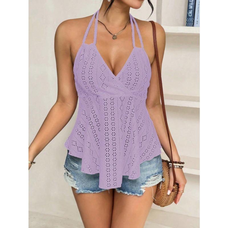 Womens V Neck Wrap Tank Top With Eyelet Embroidery Spaghetti Strap Casual Peplum Sleeveless Blouse