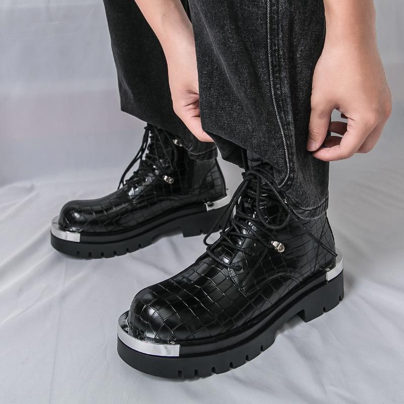 Men’s Retro Thick Sole Platform Punk Boots Elevator Street Style Big Head Motorcycle Boots High Boots Plus Size
