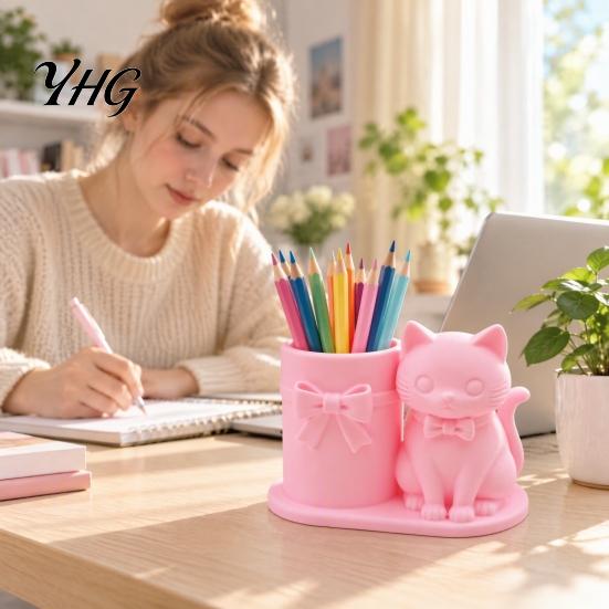 Minimalist Brush Holder 3D Print Cat Pen Holder, Matte PLA Pencil And Makeup Office Desk Organizer Storage Container, Stable Wide Base Bow Design Art