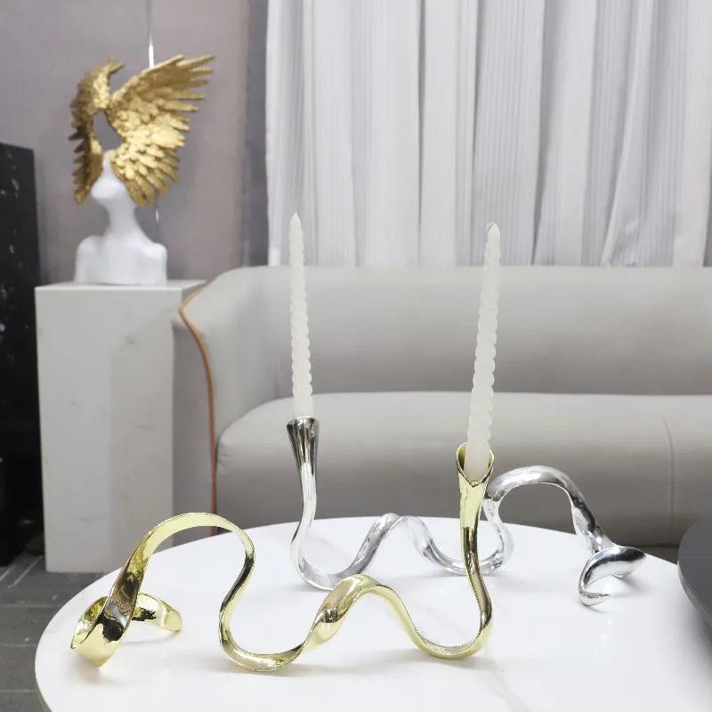 Metal Candlestick Geometric Streamer Wavy Ribbon Golden Snake Candelabrum Table Ornament Candle Holders Centerpieces