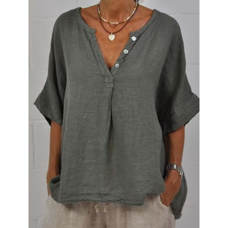 Spring New Women's Casual Mid Sleeved Cotton Linen Solid Color Shirt