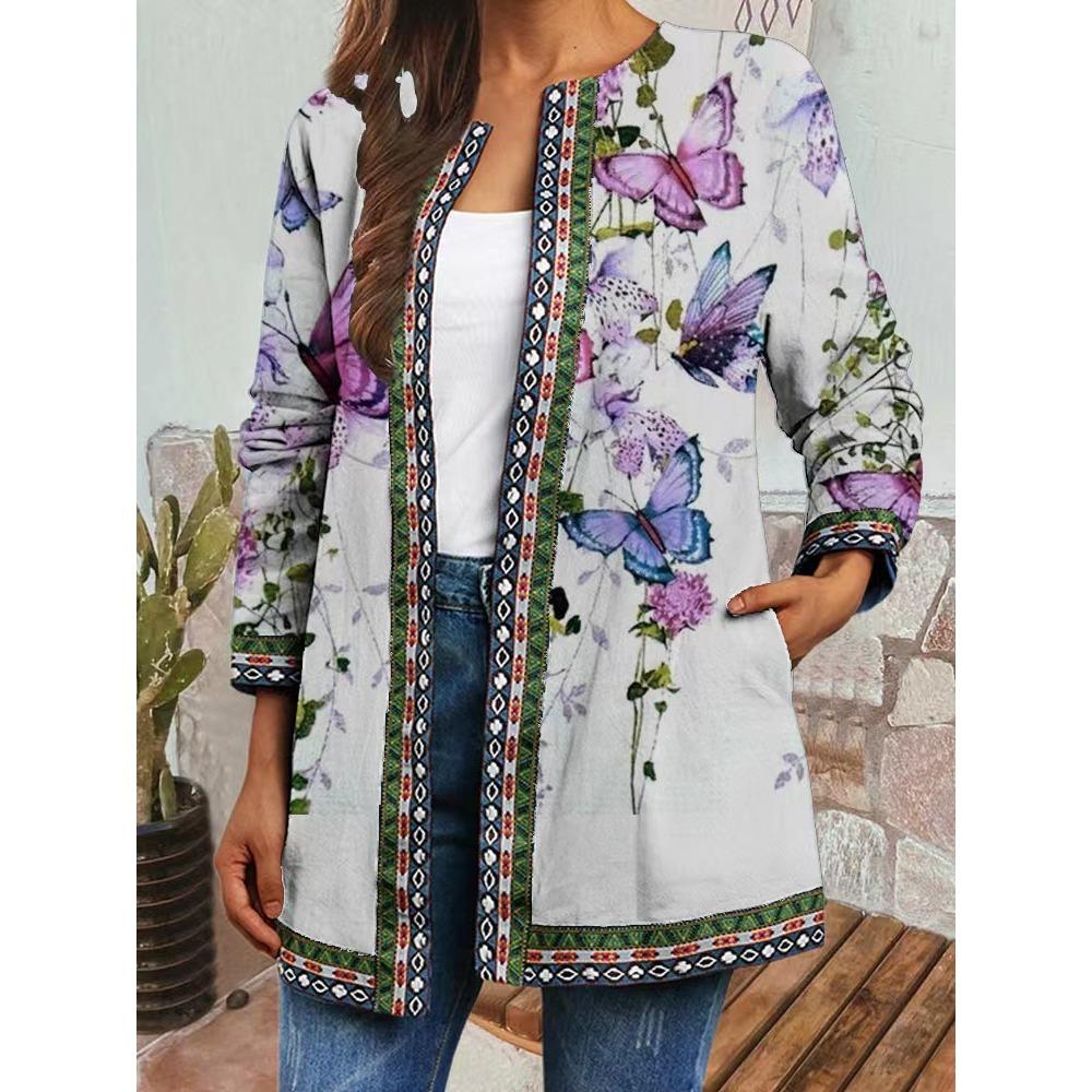 GMXIA Herbst Winter Vintage Ethnischer Stil Druck Übergröße Jacke Strickjacke Damenbekleidung