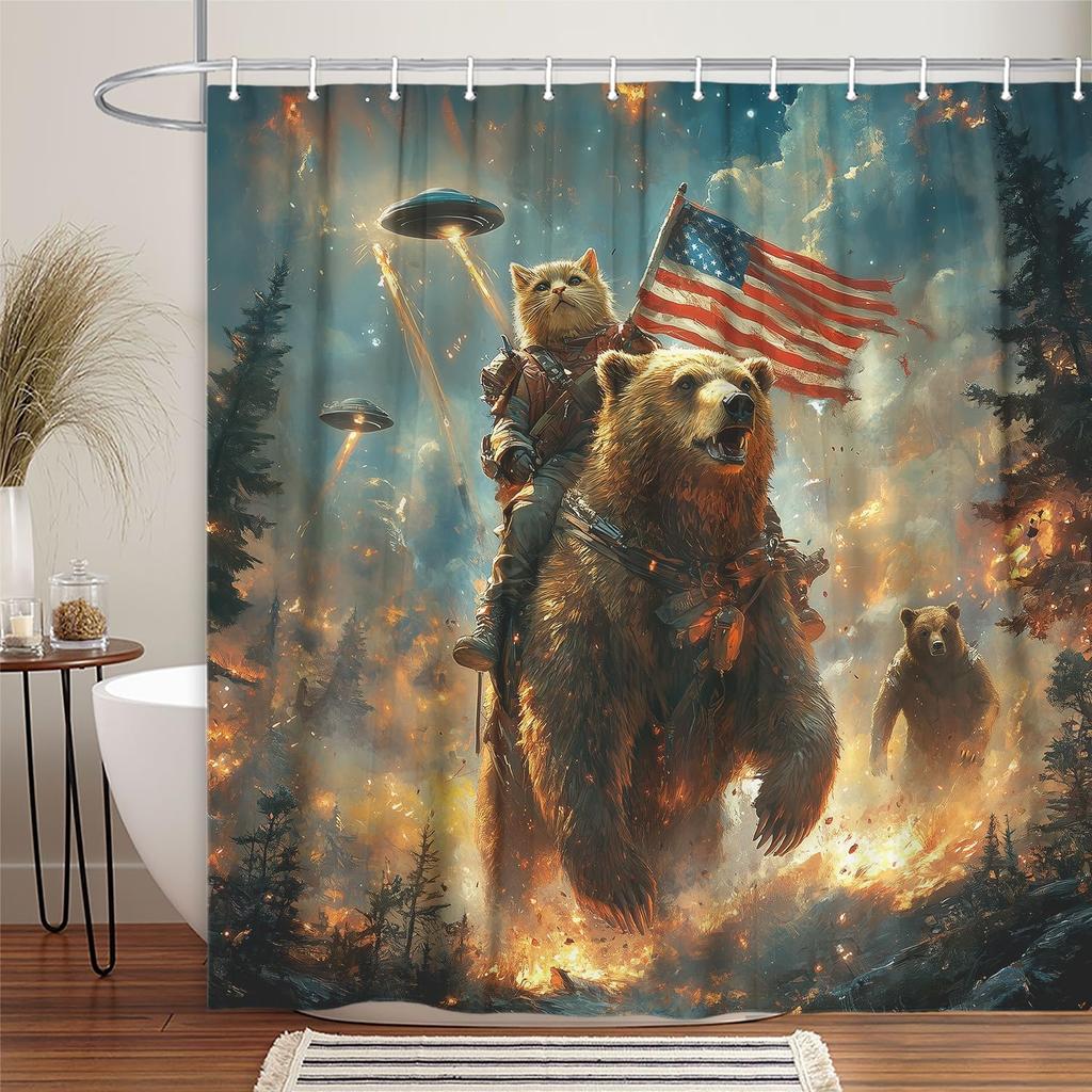 Funny Cat Riding Bear Forest Shower Curtain, Rustic Cabin Woodland UFO Anime Kids Boys Waterproof Bathroom Decor Curtain