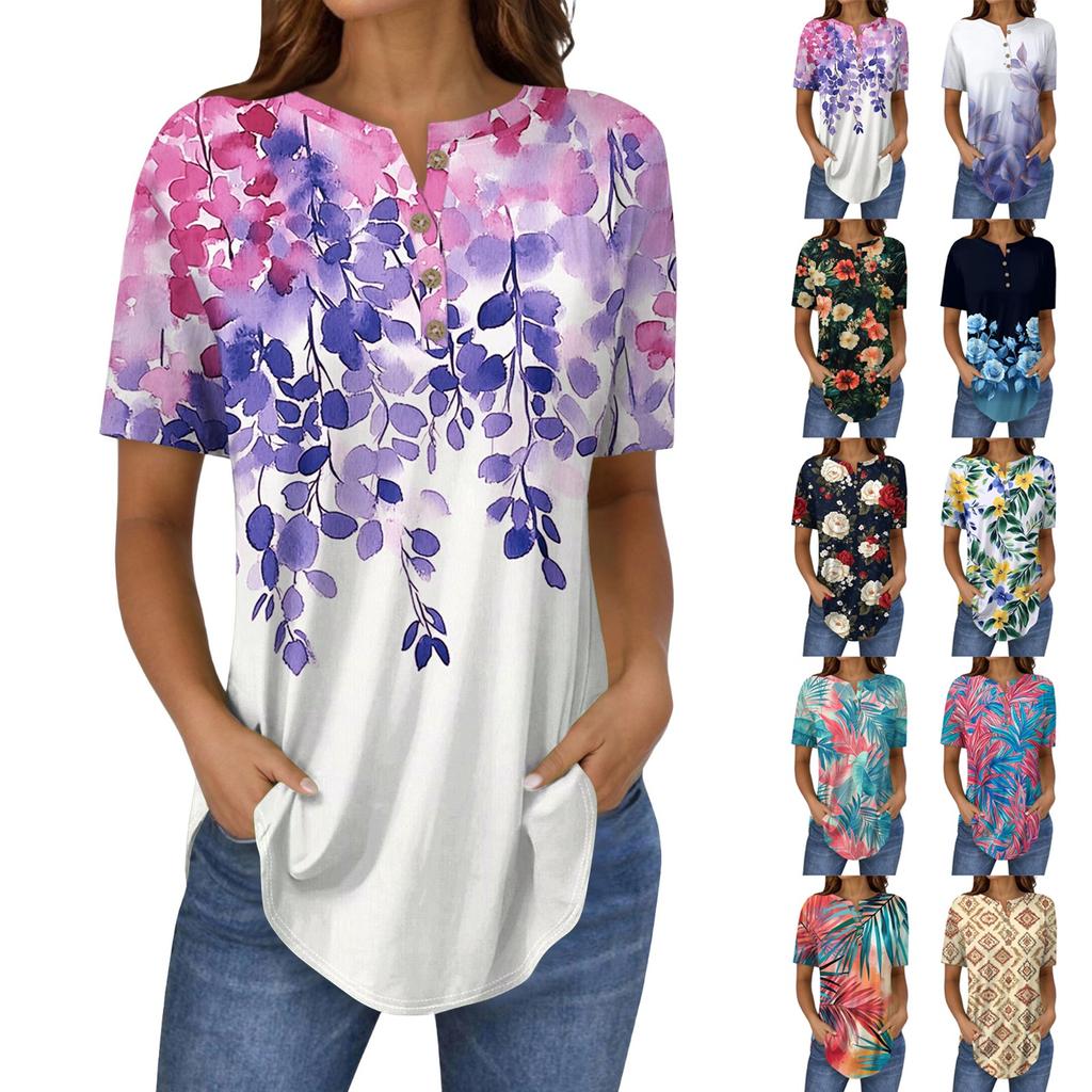 Dámské topy s krátkým rukávem, letní trička, květinový potisk, výstřih do V, ležérní základní trička s knoflíky, tuniky
