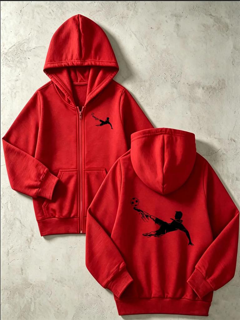 Kids Soccer Player Silhouette Print Zip Up Hoodie Loose Long Sleeve Hooded Jacket Sports Casual Outerwear For Boys Girls