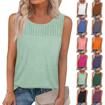 Damen Sommer Tank Top Casual Plissee Ärmellose Tops Rundhals Shirts Kleidung
