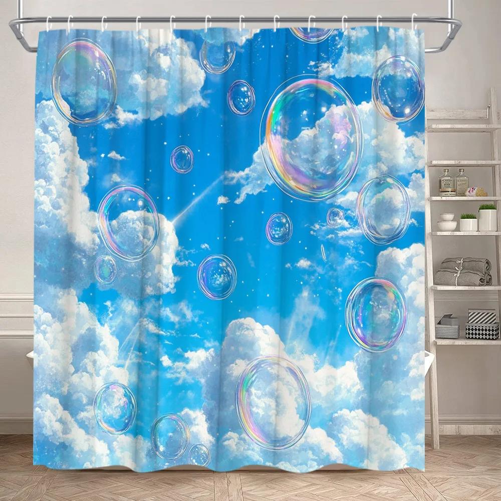 Whimsical Dreamy Sky Shower Curtain - Fluffy Clouds, Shimmering Bubbles, Brilliant Blue,Machine Washable, Fantasy Bath Decor