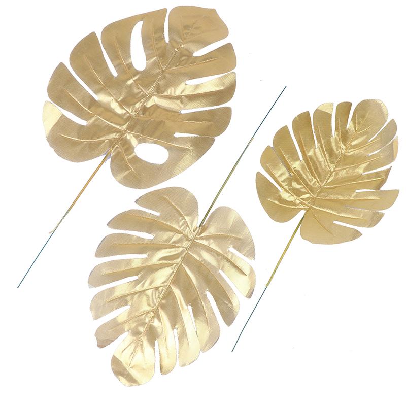 12 stk gull Kunstige falske palmeblader grønne planter Hjem bryllup DIY dekorasjon
