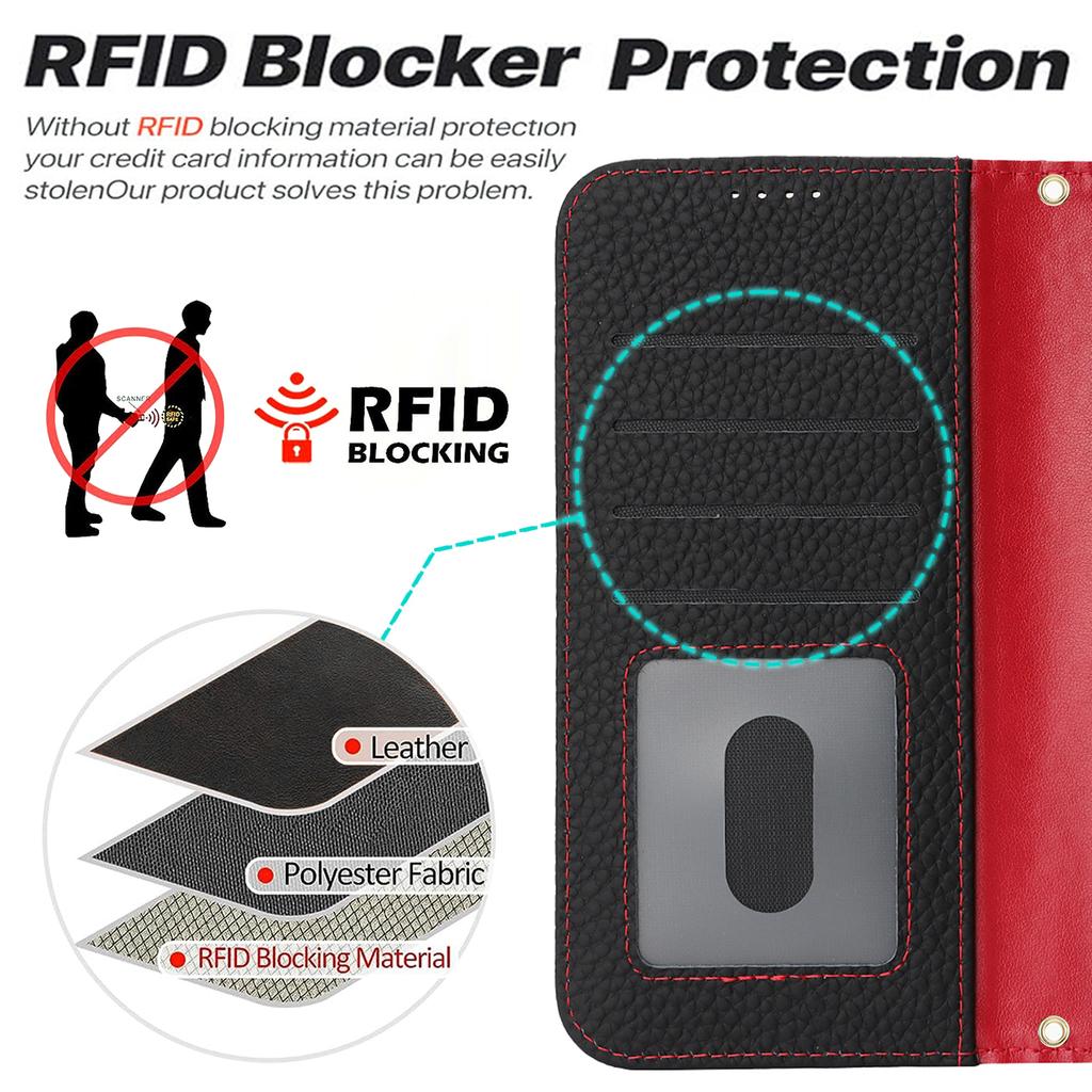 For iPhone 17 Pro Max Stand Case Litchi Texture Genuine Cow Leather Wallet Phone Cover RFID Blocking