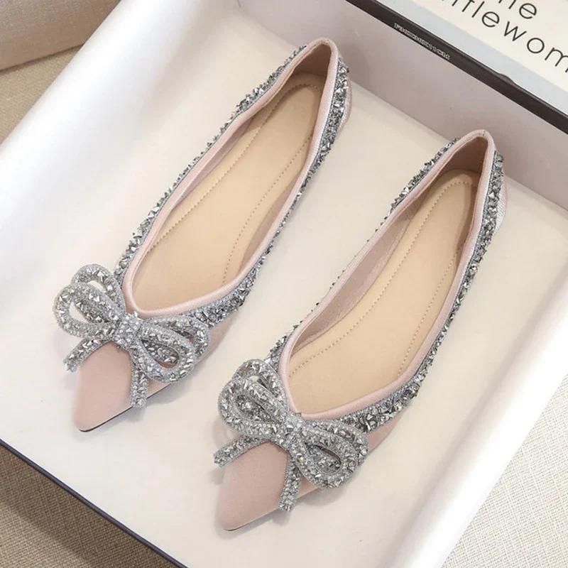 Fashion Plus Size 35-43 Autumn New Fashion Women Shoes Fashion Women Bling Crystal Bow Pointed Toe Flats Shoes Slip On Women Boat Shoes